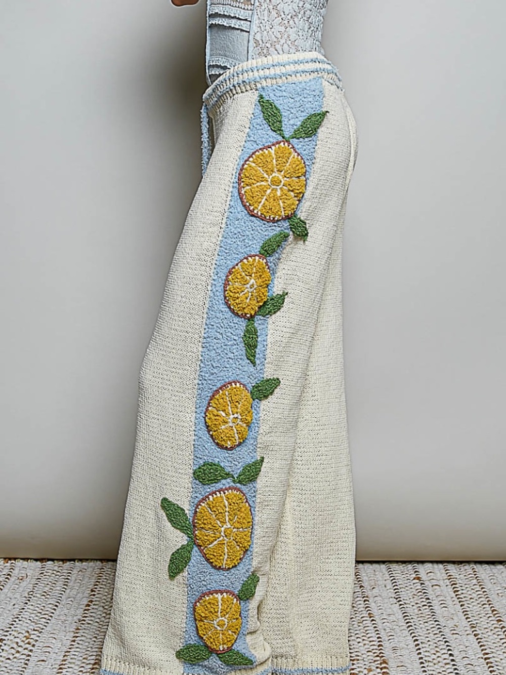 POL Lemon Print Stretchy Waist Chenille Wide Leg Pants